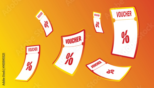 Dynamic flying discount vouchers illustration on a vibrant orange and yellow gradient background. Perfect for promotions, sales events, and marketing materials. with a gradient Background.