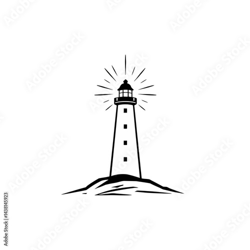 Lighthouse Beacon on a Rocky Shore Black and White Illustration