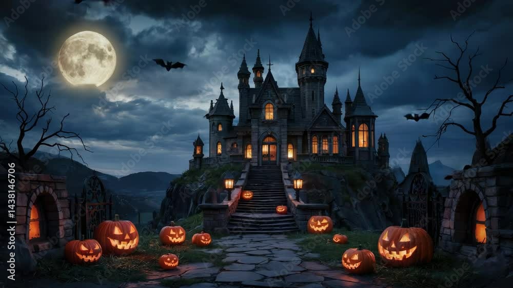 Spooky castle on a mountaintop is decorated with glowing pumpkins and flying bats under a full moon for a halloween night. Spooky castle on a mountaintop is decorated with glowing pumpkins and flying bats under a full moon for a halloween night.