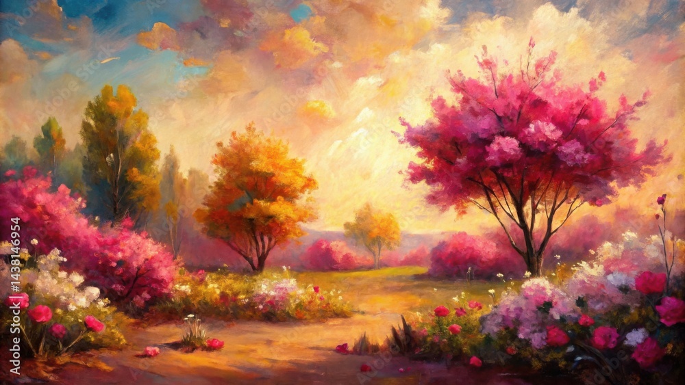 A picturesque landscape painting depicting a vibrant forest with lush greenery, blooming pink flowers, and golden-hued trees under a captivating sky. A picturesque landscape painting depicting a vibrant forest with lush greenery, blooming pink flowers, and golden-hued trees under a captivating sky.