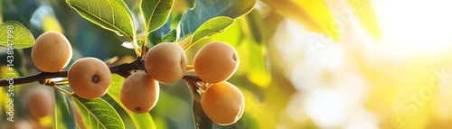 Ripe loquat fruits on a tree branch under sunlight.