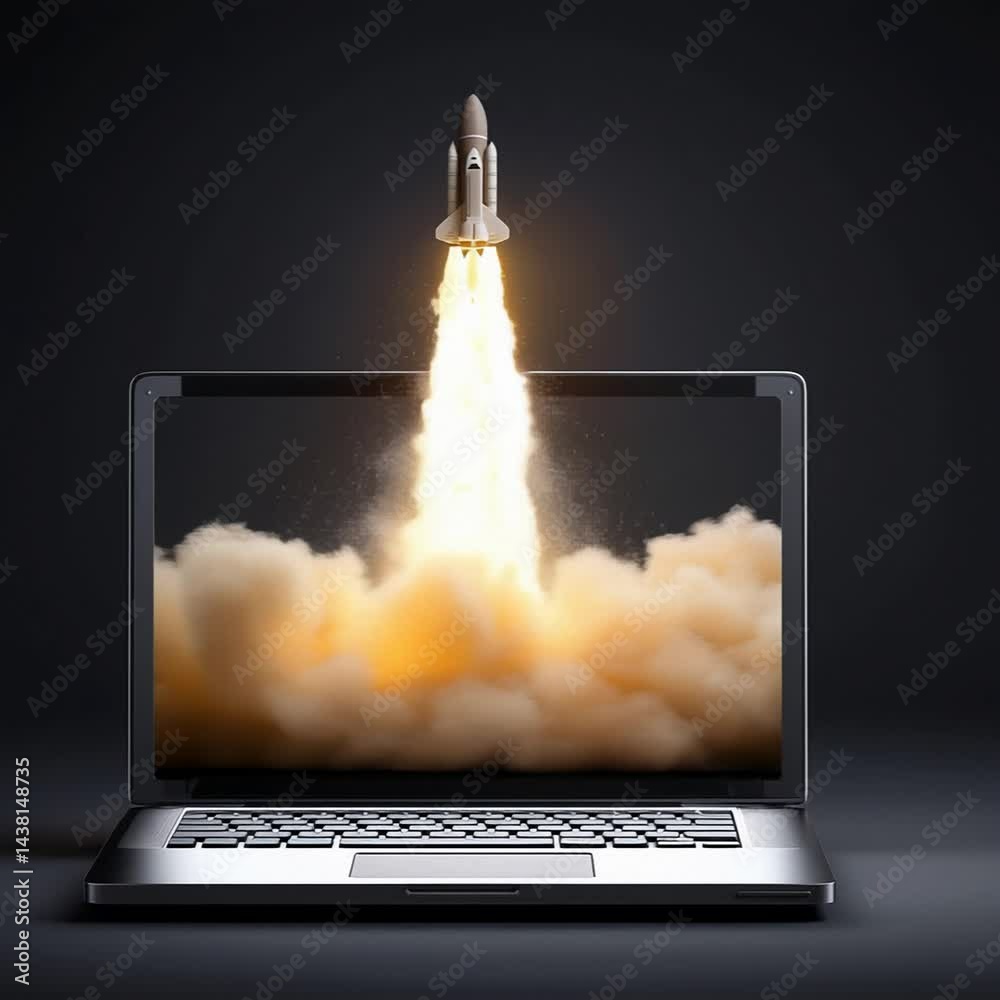Launching into the digital age: A rocket blasts off from a laptop screen, symbolizing a powerful online startup or technological breakthrough.