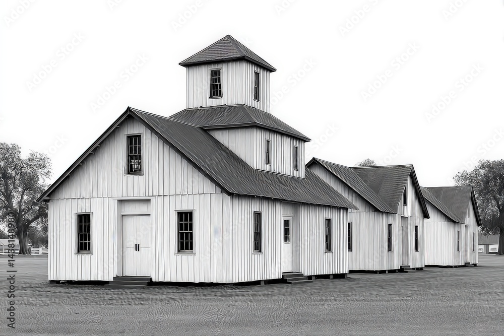 Classic white country church in monochrome photography style with wooden architecture and cross on roof in quiet rural landscape