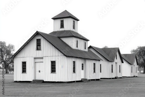 Obraz na płótnie Classic white country church in monochrome photography style with wooden architecture and cross on roof in quiet rural landscape w salonie