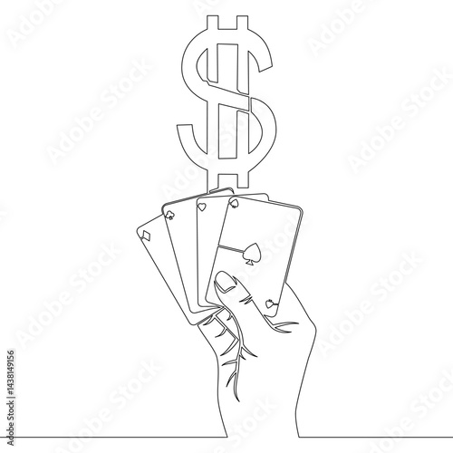 Continuous one single line drawing Hand Holding Playing Cards in Front of Dollar Symbol, Representing Gambling, Strategy, and Financial Stakes icon vector illustration concept