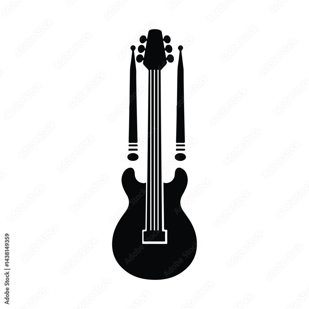 Silhouette of an electric guitar with drum sticks for a musical theme