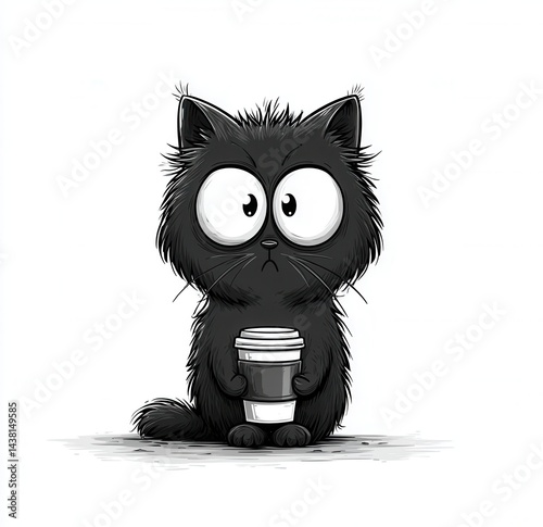A black cat with a cup of coffee in its paws