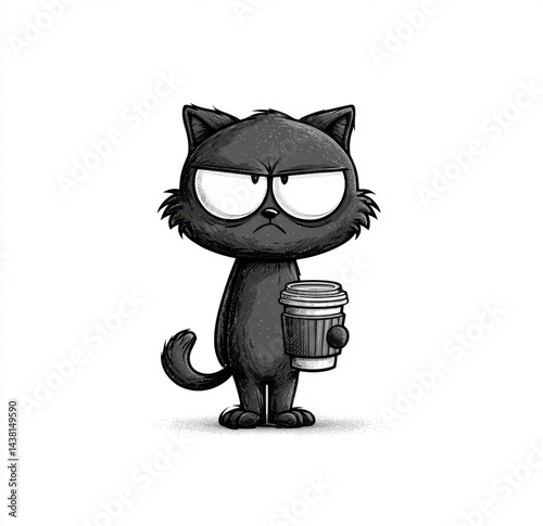 A black cat with glasses holding a cup of coffee