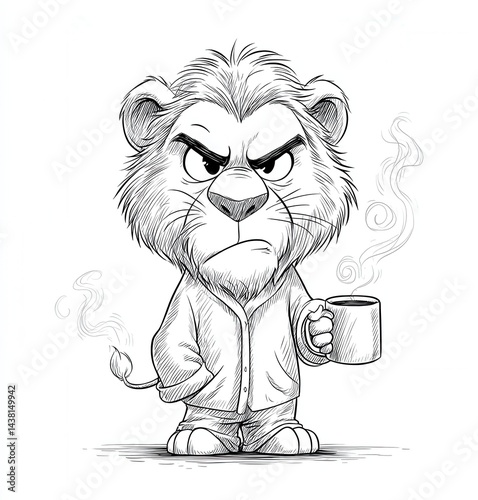 A cartoon lion holding a cup of coffee