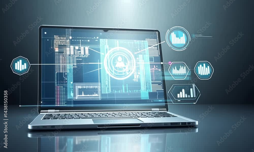 Futuristic laptop displaying digital information Futuristic laptop displaying digital information