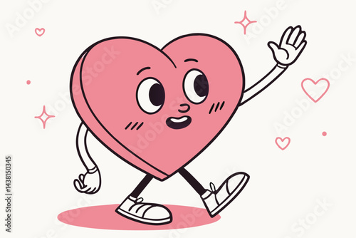 Cartoon Heart Character Walking, Waving Hand. Retro Style Mascot With Happy Face