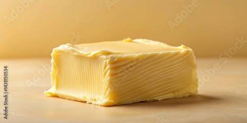 A single block of fresh butter with a smooth, creamy texture and intricate swirls, ready for baking or spreading on toast.
