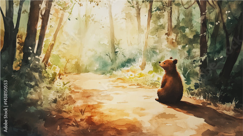 Vector illustration, watercolor painting of brown bear in the wild