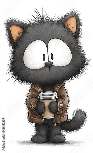 A black cat wearing a leather jacket holding a cup of coffee