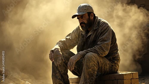 A weary worker sits amidst dust and debris, reflecting on labor and fatigue.