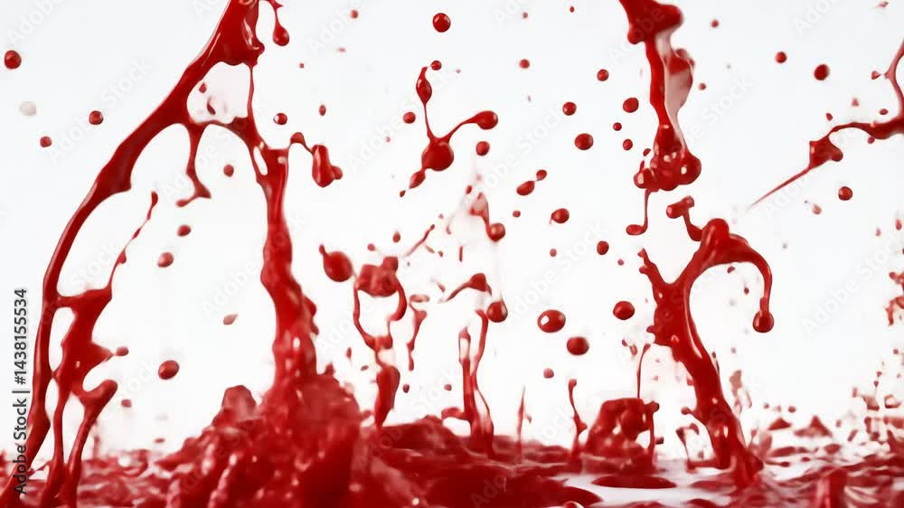 Dynamic splashes of vibrant red liquid create an intense and abstract pattern against a white background