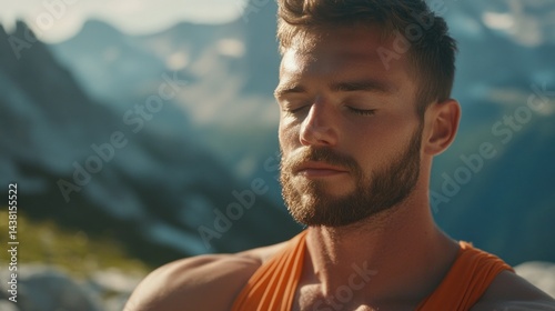 A bearded man in an orange tank top is captured in a moment of deep meditation on a mountainous peak. He has a beard and appears relaxed, embodying the tranquility of nature.