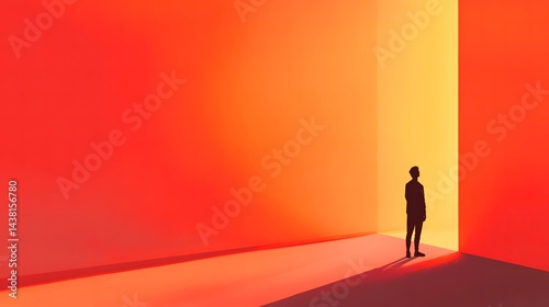 Radiant Dawn: A lone figure stands at the cusp of a vivid, sunlit corridor, the ambiance radiating potential and an optimistic outlook. 