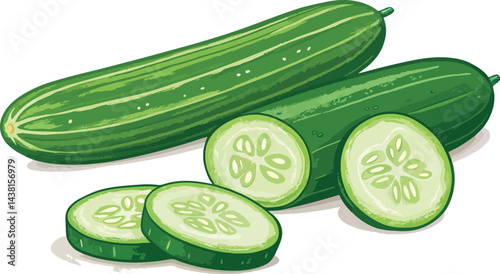 Cucumber with Cucumber Slice in white background vector design, Cucumber illustration vector design