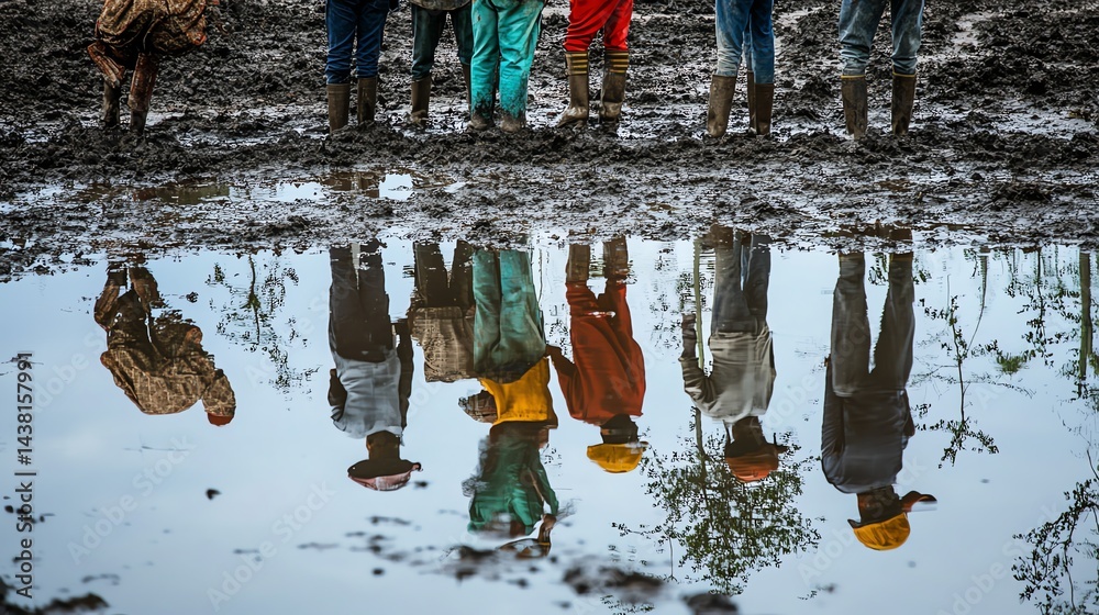 Group of people standing in mud, reflecting in a puddle, nature background.