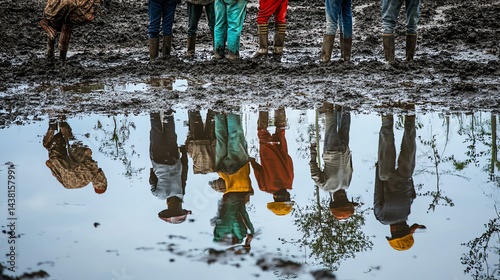 Obraz na płótnie Group of people standing in mud, reflecting in a puddle, nature background. w salonie