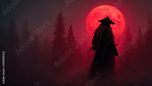 A man in a hat and cloak holding a sword in front of a red moon
