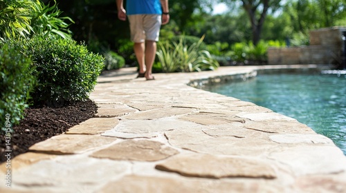 A man walking along a stone walkway next to a swimming pool