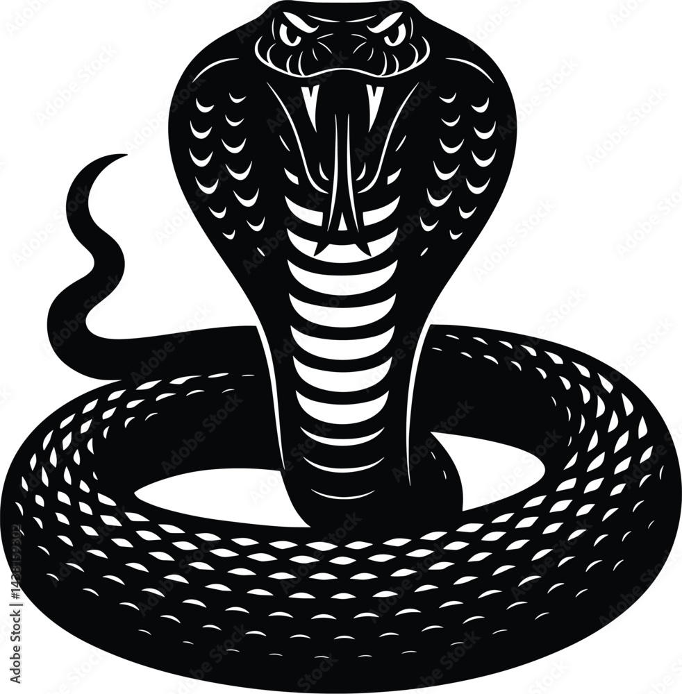Fototapeta premium Cobra Snake Vector Silhouette, Venomous Serpent Design, King Cobra Artwork, Wild Snake Illustration, Fierce Cobra Graphic, Tribal Snake Clipart, Deadly Cobra Cricut Design for T-Shirt or Tattoo Art