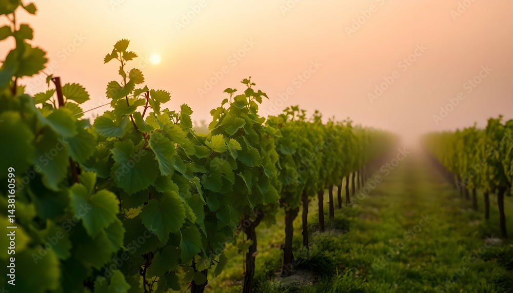 Naklejka premium Sunrise Over Misty Vineyard
