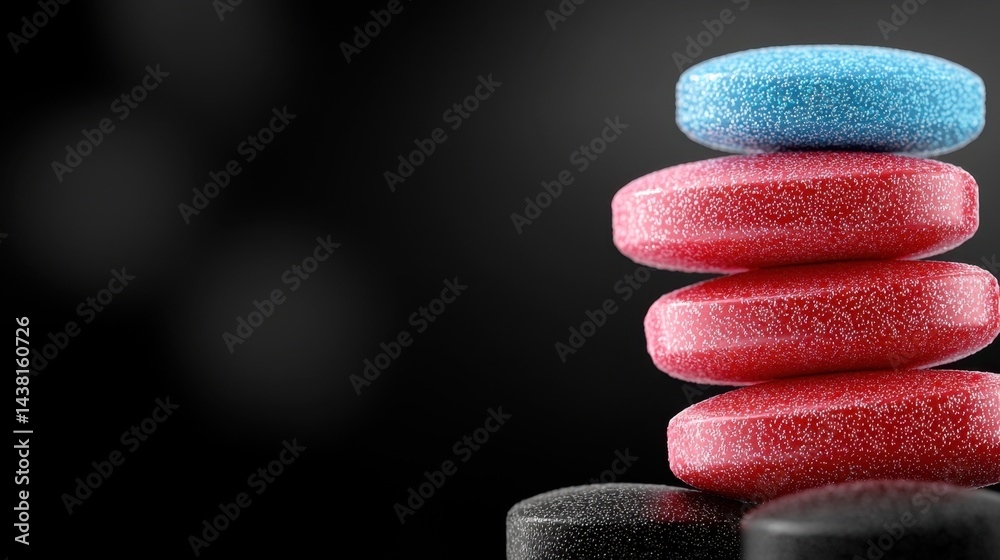 A stack of red, white and blue pills sitting on top of each other A stack of red, white and blue pills sitting on top of each other