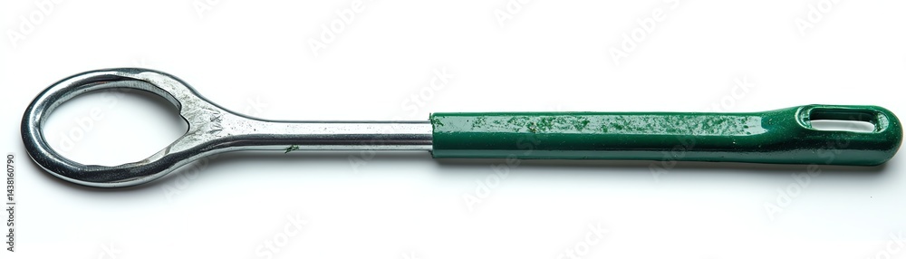 Metal key tool with a green handle on a white isolated background.