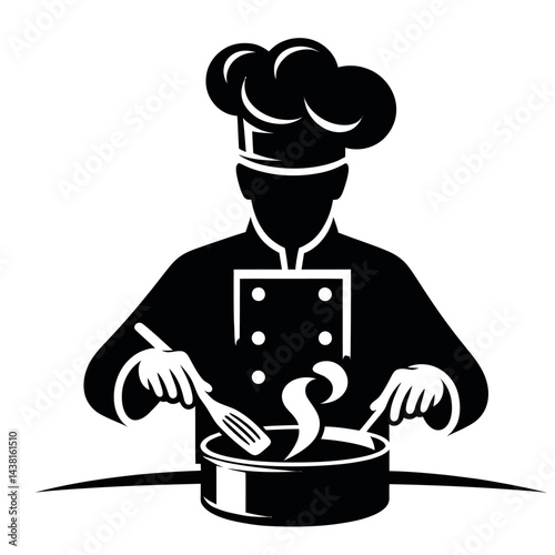 Black silhouette of a chef cooking with pan on white background logotype
