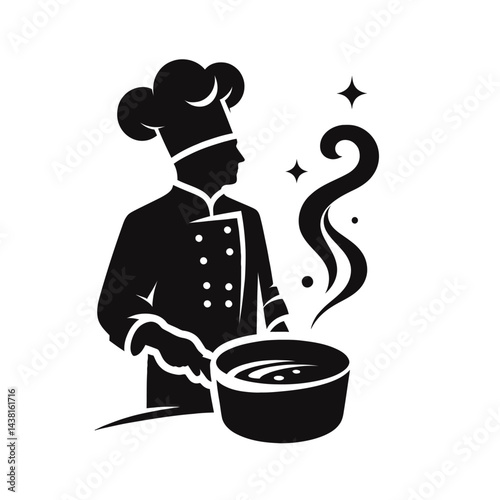 Black silhouette of a chef cooking with pan on white background logotype