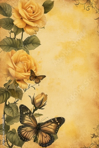 Vintage yellow roses and butterflies illustration on textured yellow background with ornate floral corners