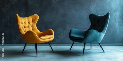 Stylish abstract artwork in a minimalist setting, featuring two modern chairs with geometric patterns and vibrant colors. The chairs contrast beautifully against the monochrome background,