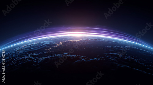 Futuristic earth horizon with purple blue glowing light trails, technology and innovation concept, ideal for AI, big data, and advanced space communication background designs