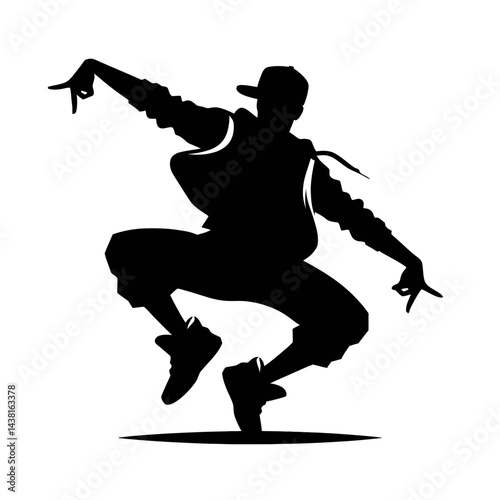 Black silhouette of a dancer performing hip hop move on white background logotype
