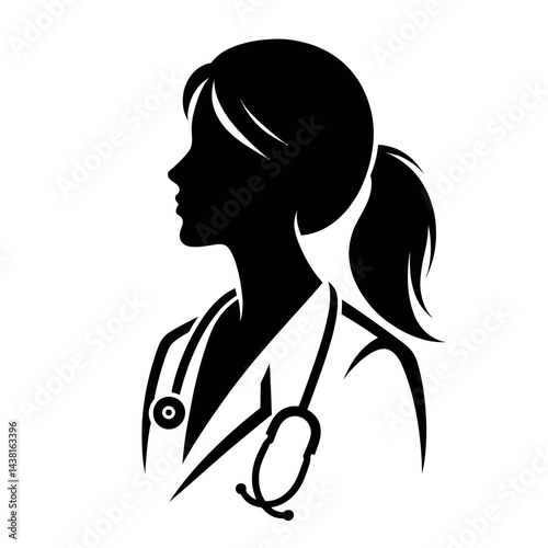 Black silhouette of a doctor with stethoscope on a white background logotype