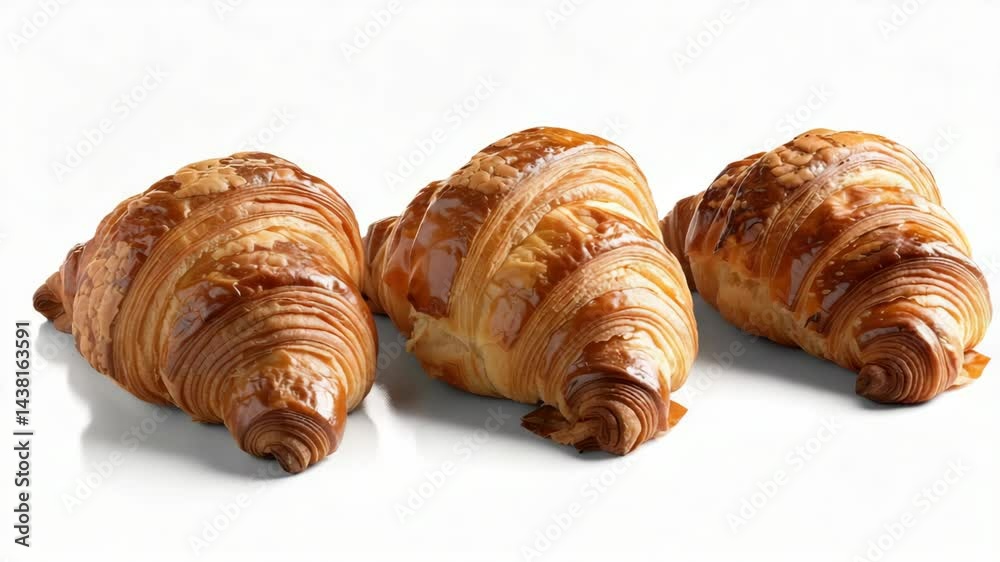 Three croissants are displayed on a white background. The croissants are golden brown and appear to be freshly baked. Concept of warmth and comfort