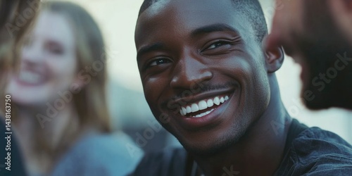 A joyful snapshot of a man smiling and engaging in conversation, likely at an outdoor social event.
