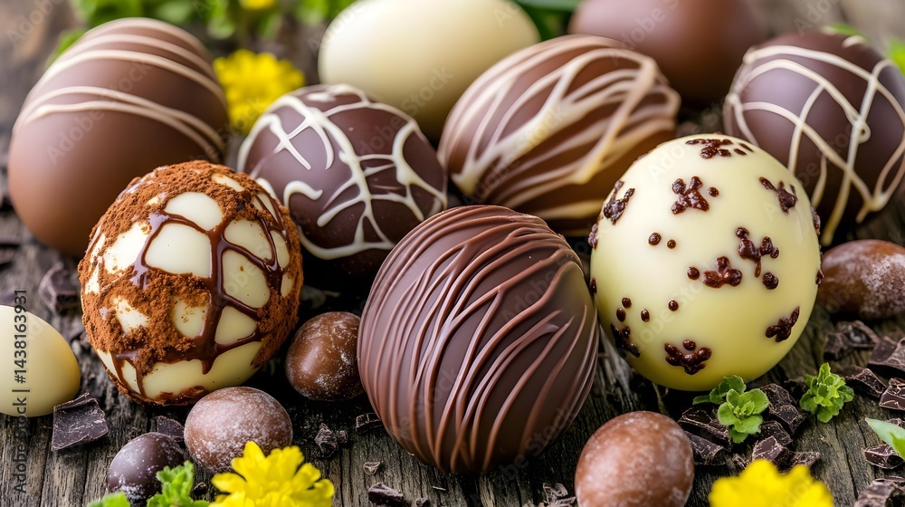 Glossy Chocolate Easter Eggs on Wooden Surface with Flowers Glossy Chocolate Easter Eggs on Wooden Surface with Flowers