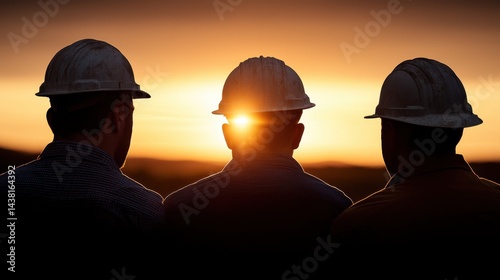 Three construction workers wearing hard hats at sunset