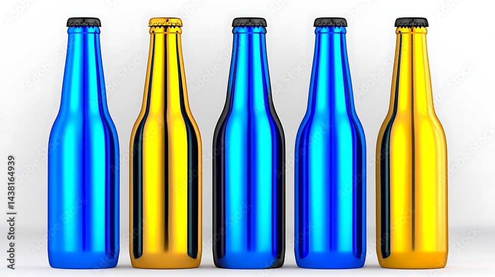 Five shiny bottles, alternating blue & gold with dark caps on a white background Five shiny bottles, alternating blue & gold with dark caps on a white background