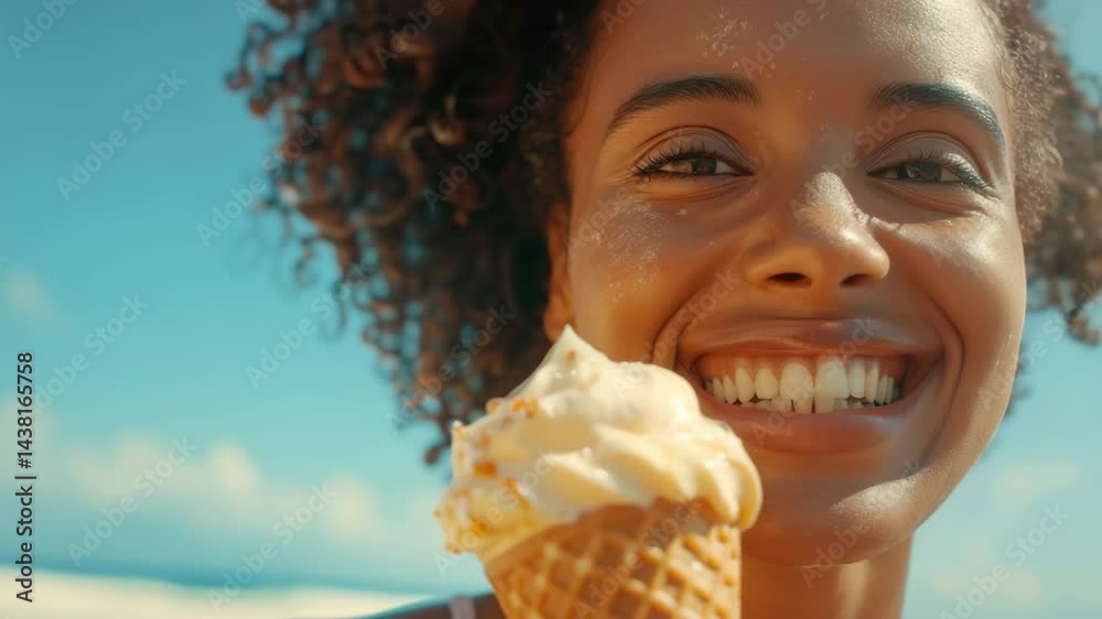 A woman is smiling and holding an ice cream cone. Concept of happiness and enjoyment