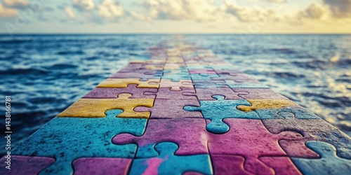A colorful jigsaw puzzle floating in mid-air on a rainbow bridge spanning across an ocean, symbolizing unity and the search for meaning. The image evokes feelings of curiosity and exploration.