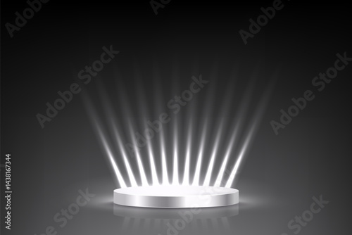 Silver award podium. Anniversary empty stage with glowing light rays on black background. Template for celebration birthday or jubilee, winner ceremony. Vector illustration.