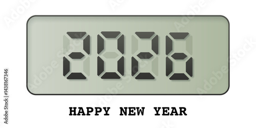 2026 Happy New Year greeting card. Holiday banner. Festive social media poster with digital number 2026 on led display and congratulations. Vintage vector illustration.