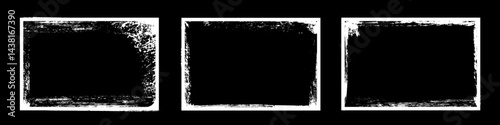 White frames with worn paper effect on black background. Textured rectangles with old, grunge, grainy, vintage, worn, dust effect. Simple object mockup. Realistic vector illustrations set.