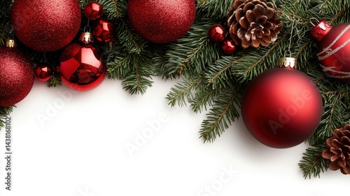 A border of red christmas ornaments and pine cones on a white background