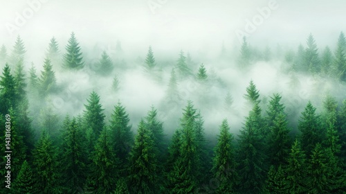 A foggy forest filled with lots of green trees